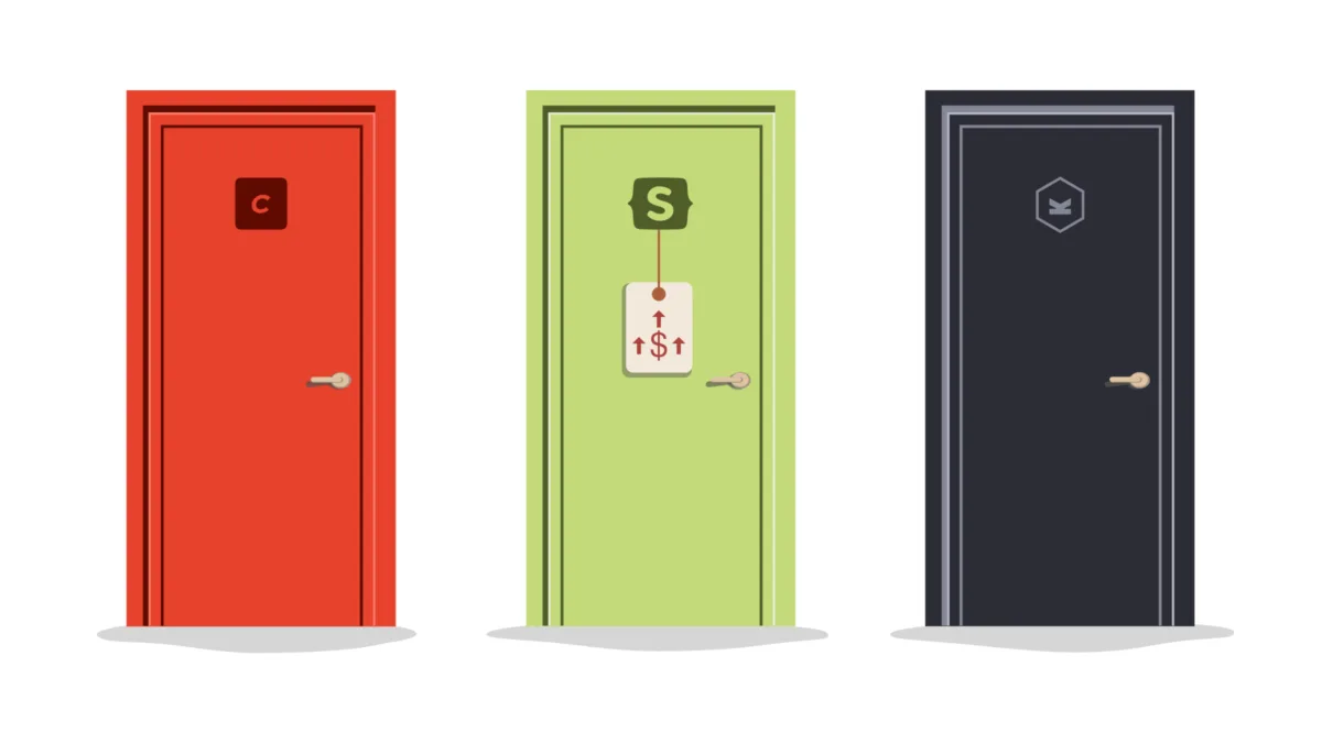 Drei Türen in den Markenfarben von Craft CMS, Statamic und Kirby. An der Statamic-Tür hängt ein Preisschild mit einem Dollar-Symbol und Pfeilen nach oben.